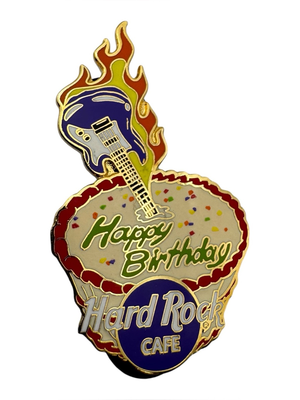 Hard Rock Cafe Happy Birthday Pin Flaming Guitar Cake Enamel Gold-Tone Lapel
